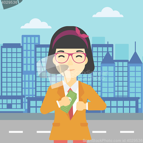 Image of Woman putting money in pocket vector illustration.