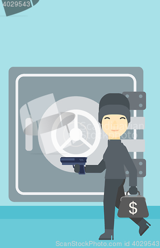 Image of Burglar with gun near safe vector illustration.