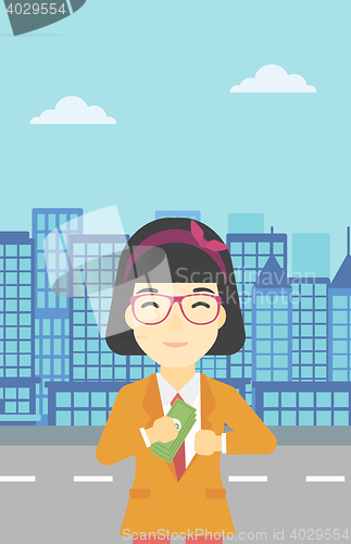 Image of Woman putting money in pocket vector illustration.