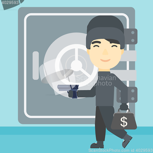 Image of Burglar with gun near safe vector illustration.