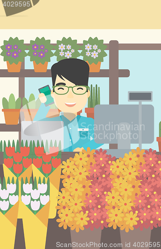 Image of Florist at flower shop vector illustration.