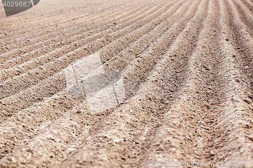 Image of plowed field, furrows