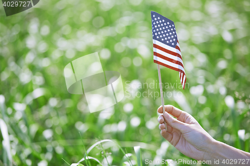 Image of Woman holding US flag in a grassland