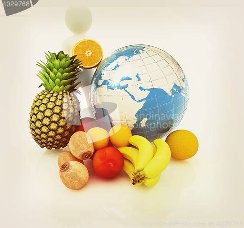 Image of 3d man with citrus and earth . 3D illustration. Vintage style.