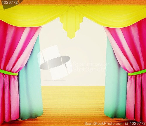 Image of Colorfull curtains and wooden scene floor . 3D illustration. Vin