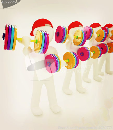 Image of 3d mans with colorfull dumbbells . 3D illustration. Vintage styl