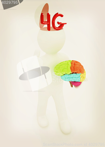 Image of 3d people - man with half head, brain and trumb up. 4g modern in