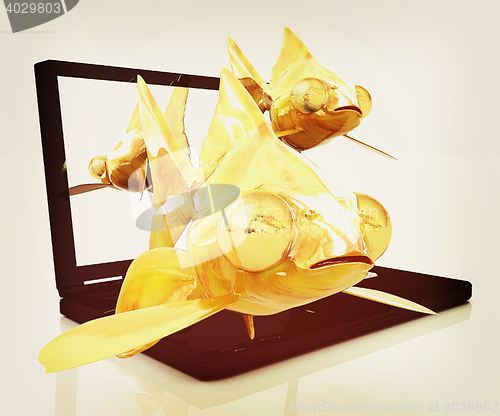 Image of Gold fishea and laptop. 3D illustration. Vintage style.