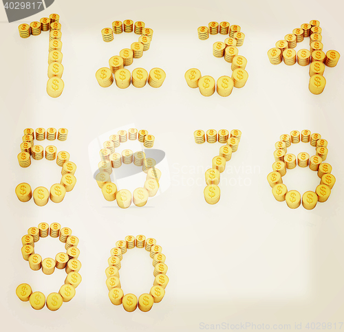 Image of Set of the numbers 1,2,3,4,5,6,7,8,9,0 of gold coins with dollar