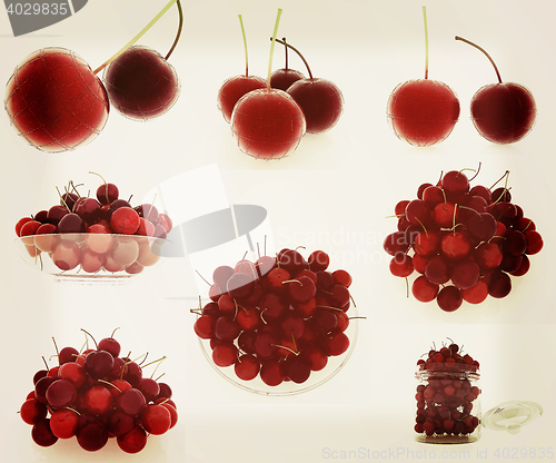 Image of Set of fresh cherries. 3D illustration. Vintage style.
