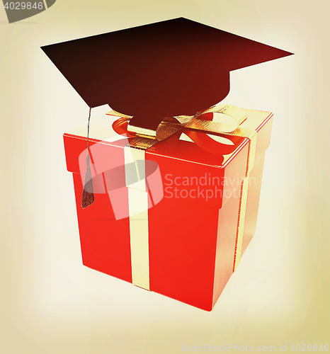 Image of graduation hat on a red gift. 3D illustration. Vintage style.