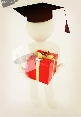 Image of 3d man in graduation hat with gift on a white background. 3D ill