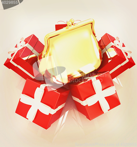 Image of A luxury gold purse on gifts. 3D illustration. Vintage style.