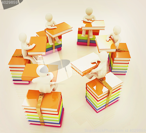 Image of 3d mans with book sits on a colorful glossy books . 3D illustrat