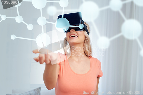 Image of woman in virtual reality headset or 3d glasses