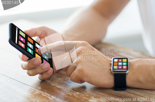 Image of close up of hands with smart phone and watch