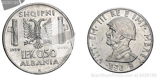 Image of fifty 50 cents LEK Albania Colony acmonital Coin 1939 Vittorio Emanuele III Kingdom of Italy, World war II