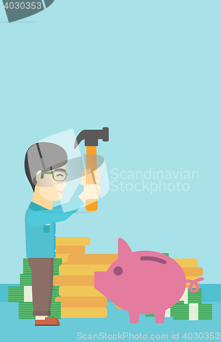 Image of Man breaking piggy bank vector illustration.