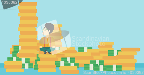 Image of Businessman sitting on gold vector illustration.