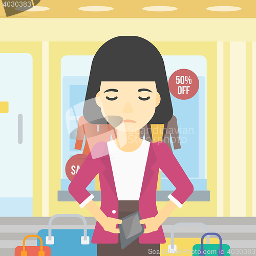 Image of Woman showing epmty wallet vector illustration.