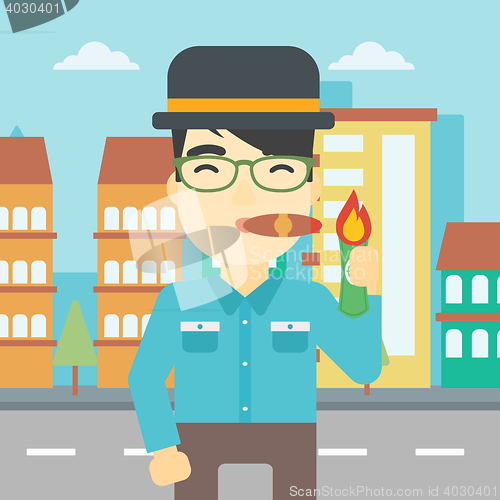 Image of Businessman smoking cigar vector illustration.