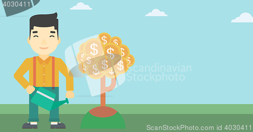 Image of Man watering money tree vector illustration.