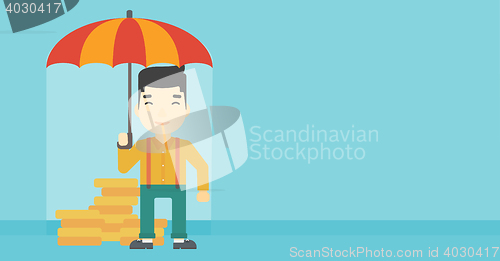Image of Businessman with umbrella protecting money.