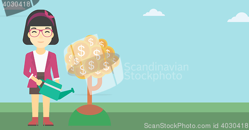 Image of Woman watering money tree vector illustration.