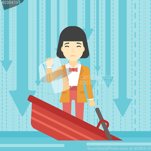 Image of Business woman standing in sinking boat.