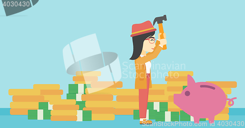 Image of Woman breaking piggy bank vector illustration.