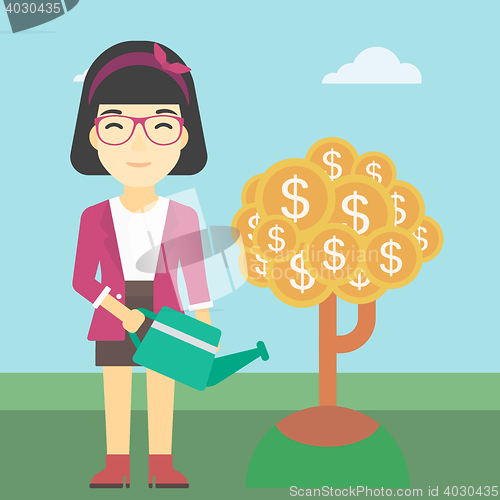 Image of Woman watering money tree vector illustration.