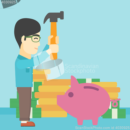 Image of Man breaking piggy bank vector illustration.