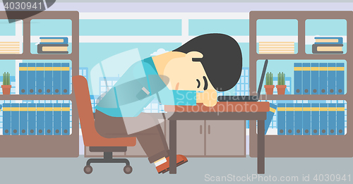 Image of Businessman sleeping on workplace.