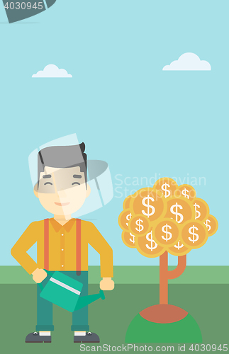 Image of Man watering money tree vector illustration.