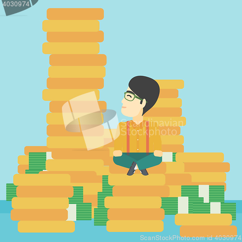 Image of Businessman sitting on gold vector illustration.