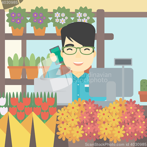 Image of Florist at flower shop vector illustration.