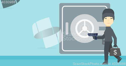 Image of Burglar with gun near safe vector illustration.