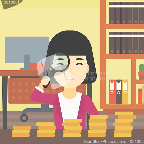 Image of Woman with magnifier looking at golden coins.