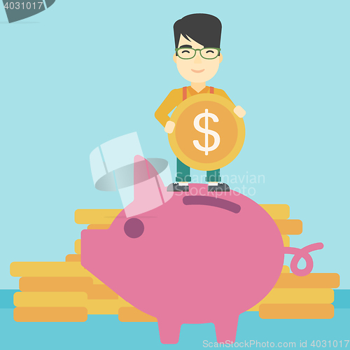 Image of Man putting coin in piggy bank vector illustration