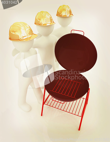 Image of 3d mans in a hard hat with thumb up and barbecue grill. 3D illus
