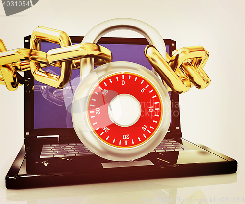 Image of Laptop with chains and lock.3d illustration. 3D illustration. Vi