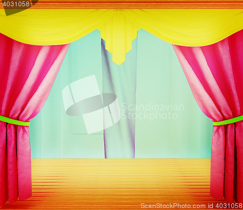 Image of Colorfull curtains and wooden scene floor . 3D illustration. Vin