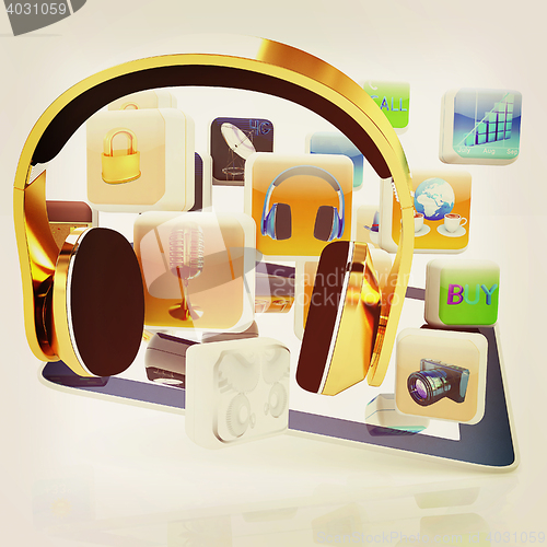 Image of Phone gold on tablet pc with cloud of media application Icons . 