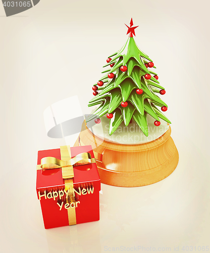 Image of Christmas tree and gift. 3D illustration. Vintage style.