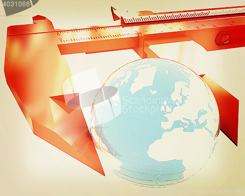 Image of Vernier caliper measures the Earth. Global 3d concept . 3D illus