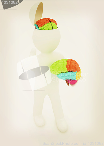 Image of 3d people - man with half head, brain and trumb up. . 3D illustr