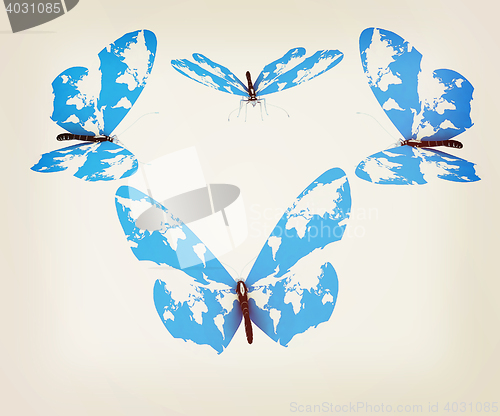 Image of Map of Earth on butterflies isolated on white . 3D illustration.