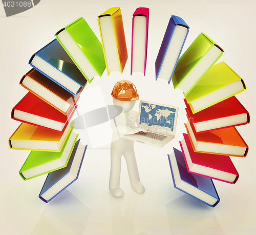 Image of Colorful books like the rainbow and 3d man in a hard hat with la