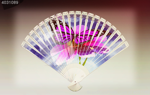 Image of Colorful hand fan . 3D illustration. Vintage style.