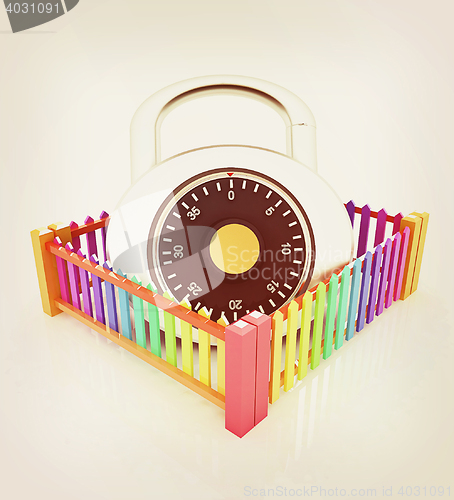 Image of Protection concept.Lock closed colorfull fence . 3D illustration